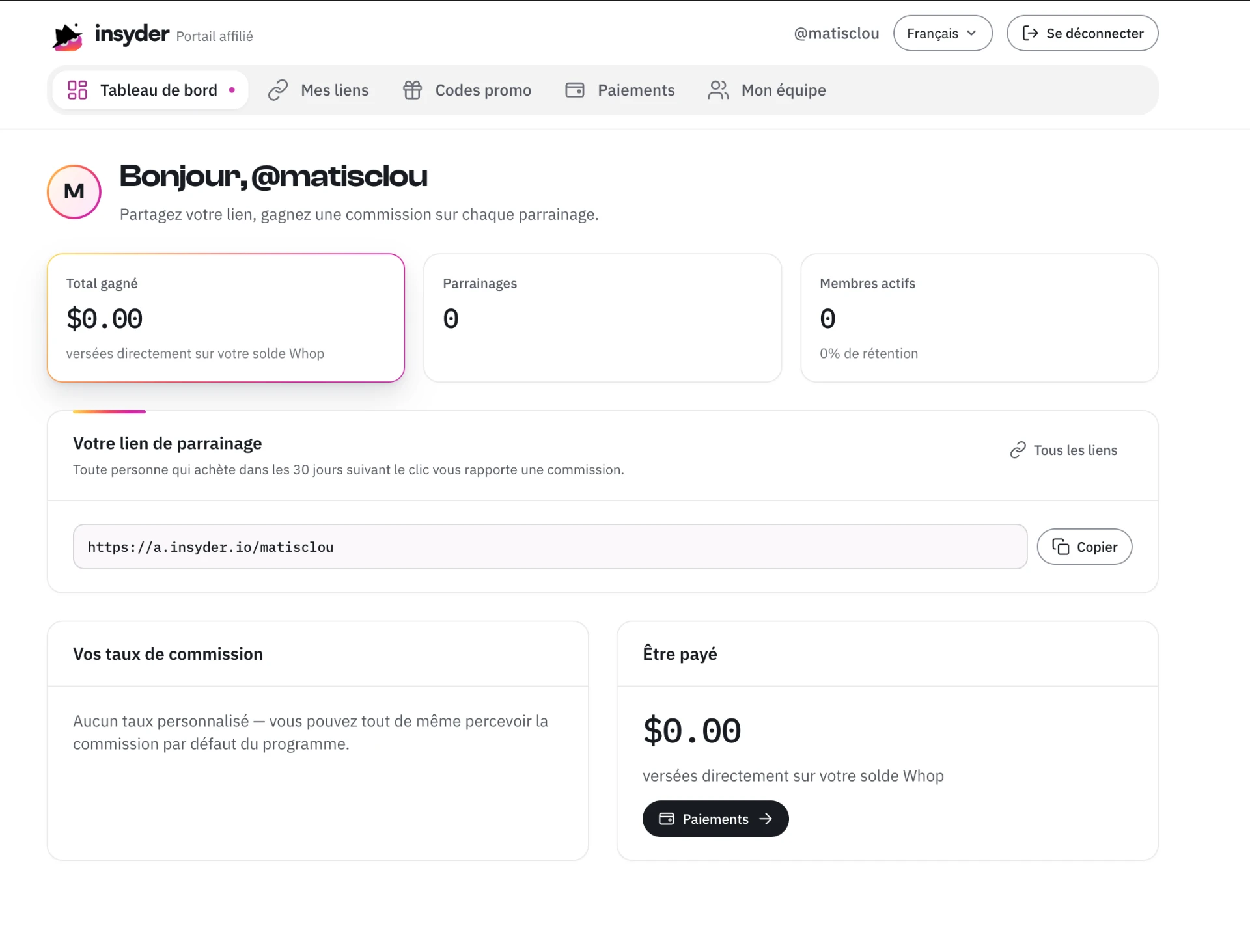 Portail affilié Insyder : gains, parrainages et lien de parrainage